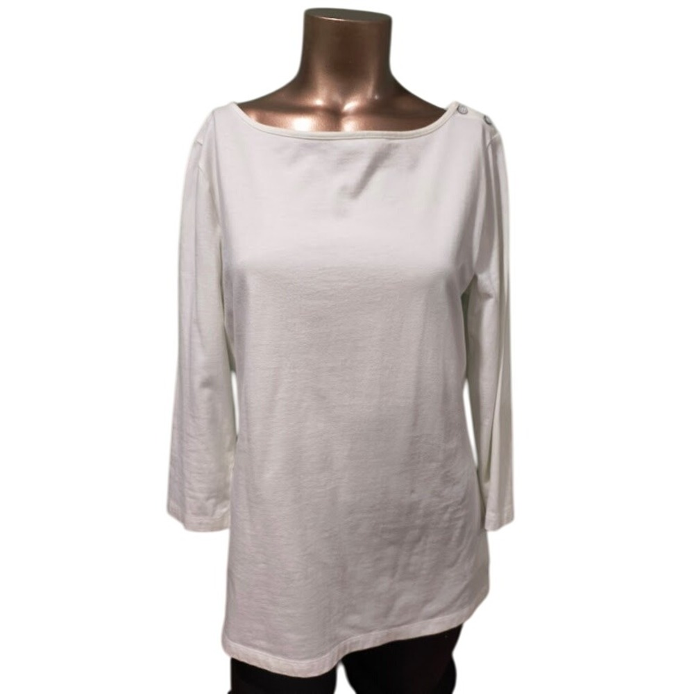 Brooks Brothers‎ 346 Womens White Long Sleeve Boat Neck Button Shoulder Top M